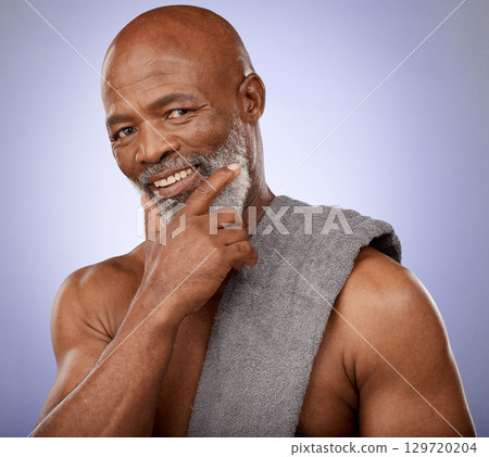 Beauty, skincare and portrait of senior man happy with anti aging bathroom routine, wellness or body cleaning hygiene. Shower, spa salon and face of elderly African model with clean healthy skin glow 129720204