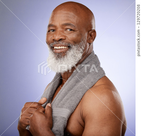 Shower, towel and portrait of black man with healthy skincare, personal hygiene and natural wellness on studio background in Brazil. Happy, mature and male beauty, clean face and body care cosmetics 129720208