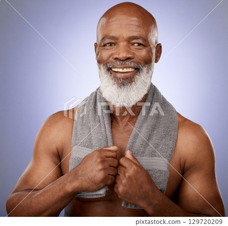 Man, mature and shower towel for skincare grooming, hygiene maintenance and cleaning on purple studio background. Portrait, smile and happy middle aged black model in healthcare wellness or self care Man, mature and shower towel for skincare grooming, hygiene maintenance and cleaning on purple studio background. Portrait, smile and happy middle aged black model in healthcare wellness or self care 129720209