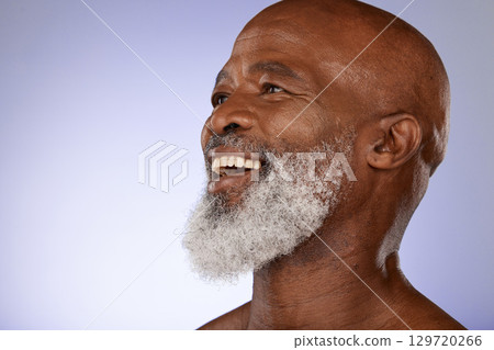 Happy black man, face and skin with skincare mockup, smile with beard, elderly model and natural cosmetics with beauty and grooming. Cosmetic, wellness and facial with glow against purple background 129720266