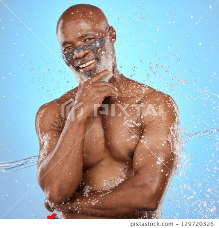 Shower, face mask and black man in studio cleaning, skincare and body wellness, health and fitness portrait on marketing mockup. Facial, collagen and senior black model with muscle and water splash Shower, face mask and black man in studio cleaning, skincare and body wellness, health and fitness portrait on marketing mockup. Facial, collagen and senior black model with muscle and water splash 129720326