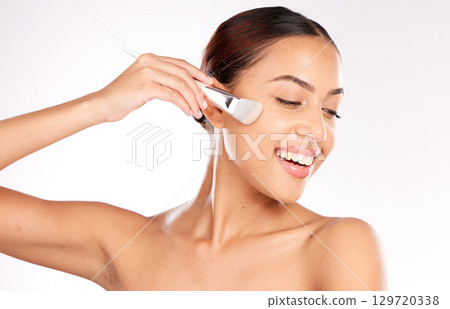 Woman, makeup face brush and skincare beauty of a model from Brazil doing self care and wellness. Happy, cosmetics and woman face application of a person doing dermatology and skin health treatment Woman, makeup face brush and skincare beauty of a model from Brazil doing self care and wellness. Happy, cosmetics and woman face application of a person doing dermatology and skin health treatment 129720338