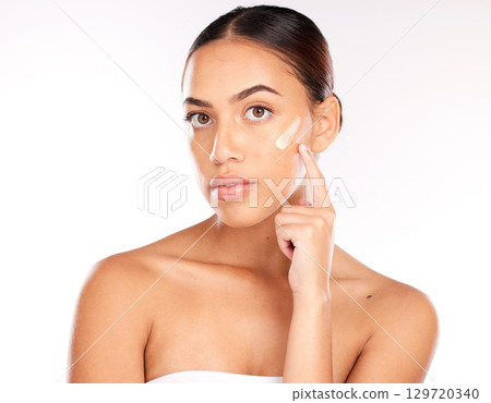 Woman portrait, sunscreen and face in studio, skincare cream product for natural uv protection and cosmetic wellness. Advertising for beauty facial, cream girl and dermatology spf in mockup studio Woman portrait, sunscreen and face in studio, skincare cream product for natural uv protection and cosmetic wellness. Advertising for beauty facial, cream girl and dermatology spf in mockup studio 129720340