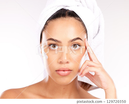 Beauty, skincare and product with portrait of woman for facial, shower and cream treatment. Spa, wellness and luxury with face of girl model and lotion for sunscreen, cosmetics and moisturizer 129720350
