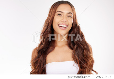 Beauty, hair and skincare face of woman with natural cosmetics glow, healthy skin and dermatology cosmetic treatment. Happy model with a smile, organic makeup and facial wellness on studio background Beauty, hair and skincare face of woman with natural cosmetics glow, healthy skin and dermatology cosmetic treatment. Happy model with a smile, organic makeup and facial wellness on studio background 129720402