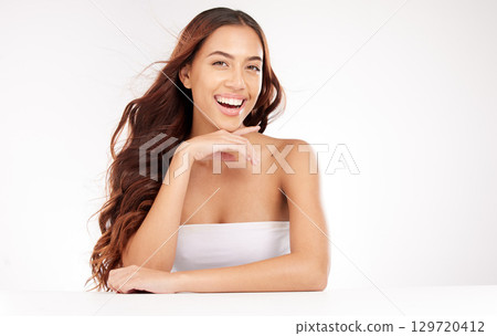 Hair, skincare and studio woman in portrait for beauty salon, cosmetics and natural makeup marketing, advertising and promotion mockup. Happy woman model with haircare, smile on face and dermatology 129720412