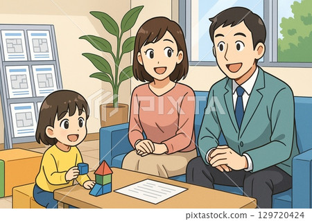 該場景展示了以家庭為中心的住房參觀，一對夫婦帶著孩子參觀商店並接受房地產建議。 129720424