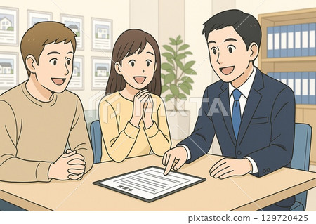 一名房地產銷售員指著合約向一對年輕夫婦解釋房屋合約 129720425