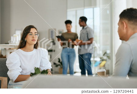 Coworking, planning and business people meeting, creative collaboration and marketing communication. Teamwork, busy and employees talking about strategy for business, productivity and goals at work 129720441