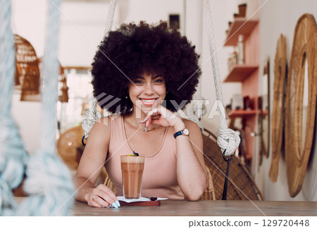 Black woman in coffee shop portrait with drink, relax with natural hair and smile, happy alone for self care date and pride with afro for self love. Happiness, African woman in cafe for coffee break. 129720448
