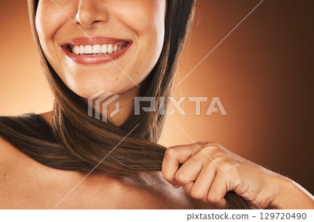 Hair care, smile and woman with cosmetics, beauty and happy glow on a brown studio background. Salon, strong and face of a model with straight hair shine, luxury and wellness from a hairdresser 129720490