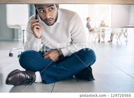 Phone call, office and businessman sitting on floor under table with worry, fear and scared expression on face. Depression, anxiety and stressed male worker on smartphone call for help and support Phone call, office and businessman sitting on floor under table with worry, fear and scared expression on face. Depression, anxiety and stressed male worker on smartphone call for help and support 129720568