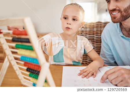 Education, teaching and learning girl with dad with abacus counting during homeschool class in the living room. Happy family bonding with educational game with man and girl learn math and numbers Education, teaching and learning girl with dad with abacus counting during homeschool class in the living room. Happy family bonding with educational game with man and girl learn math and numbers 129720569