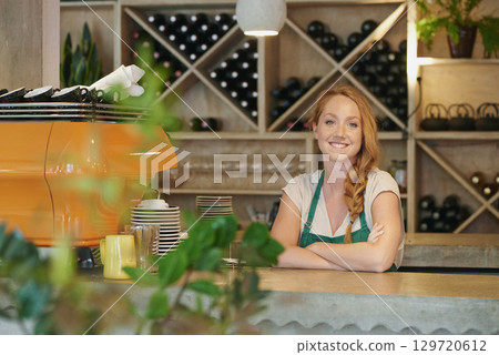 Management, restaurant and portrait of woman in small business for leadership, startup and welcome in cafe. Luxury, coffee shop and retail with waiter in store for vision, barista and shopping 129720612
