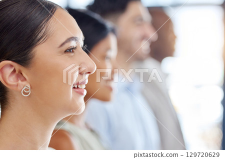 Line, team and profile of happy business woman in the office standing during corporate meeting. Happiness, diversity and side face of professional employees in collaboration in company workplace Line, team and profile of happy business woman in the office standing during corporate meeting. Happiness, diversity and side face of professional employees in collaboration in company workplace 129720629