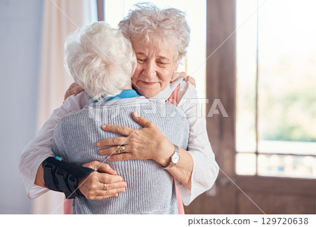 Elderly women, hug and nursing home, friends and support, comfort and care, together with bond. Senior people hugging, retirement and love with friendship in retirement home and connection. Elderly women, hug and nursing home, friends and support, comfort and care, together with bond. Senior people hugging, retirement and love with friendship in retirement home and connection. 129720638