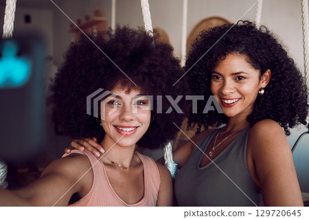 Phone, influencer or friends in a selfie for social media at home relaxing together on fun weekend with freedom. Smile, black women or African girls enjoy taking pictures to post on digital app 129720645