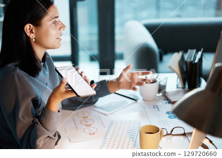 Communication, office and business woman on a phone call for discussion, virtual meeting and talking to client. Startup, mockup screen and girl working, speaking and in conversation on smartphone 129720660