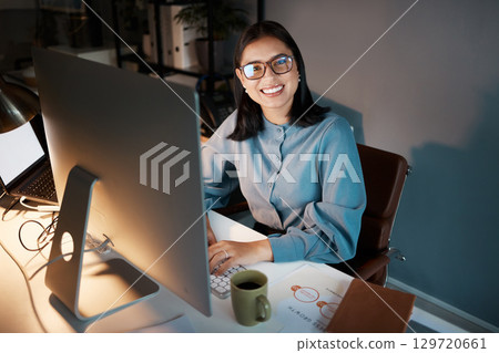 Cyber, hacker or business woman with computer for futuristic cybersecurity, research or blockchain tech at night. Happy IT girl, data analysis or crypto investment for stock market or bitcoin Cyber, hacker or business woman with computer for futuristic cybersecurity, research or blockchain tech at night. Happy IT girl, data analysis or crypto investment for stock market or bitcoin 129720661