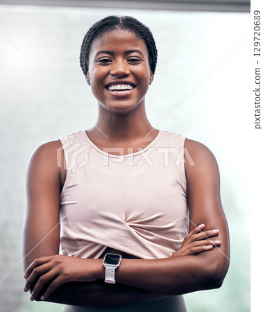 Fitness, portrait or black woman for health with smile for workout motivation at gym for mindset, wellness or training. Sports, athlete or trainer girl for sport goal, vision or cardio goal success Fitness, portrait or black woman for health with smile for workout motivation at gym for mindset, wellness or training. Sports, athlete or trainer girl for sport goal, vision or cardio goal success 129720689