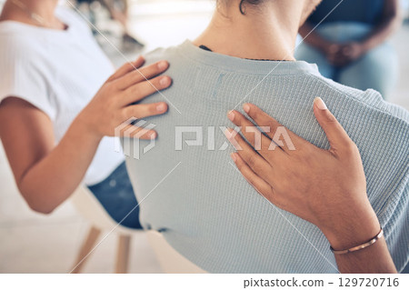 Hands, mental health and support in group therapy for woman suffering depression, stress and trauma closeup. Hand, people and aa meeting by community in trust, help and empathy for girl with anxiety 129720716