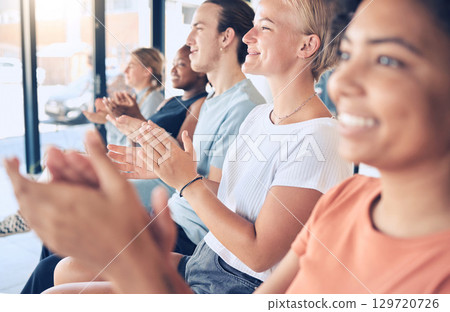 Business people, conference meeting and applause in seminar or workshop for corporate for company kpi achievement. Professional audience clapping, congratulations and thank you sign for presentation Business people, conference meeting and applause in seminar or workshop for corporate for company kpi achievement. Professional audience clapping, congratulations and thank you sign for presentation 129720726