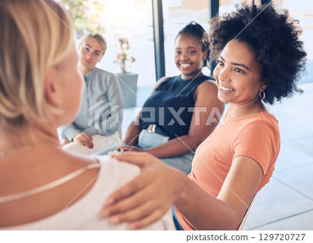 Empathy, support and team of women talk with friends, colleagues and group collaboration at a team building event. Office community, brainstorming strategy and idea development in workplace together Empathy, support and team of women talk with friends, colleagues and group collaboration at a team building event. Office community, brainstorming strategy and idea development in workplace together 129720727