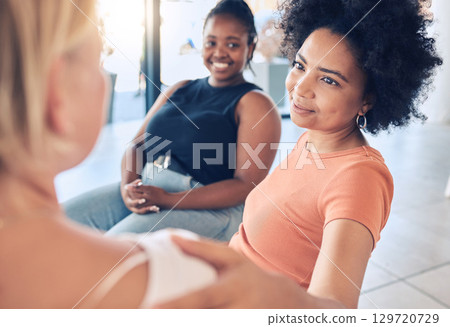 Empathy, support and counseling with people in therapy meeting for psychology, depression and community. Mental health, healing and difficult with friends in workshop session for advice and help 129720729