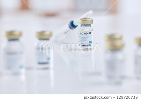Background, covid vaccine and injection, vial bottle and medicine for innovation and research with science product in hospital lab. Needle, corona virus safety in healthcare development for clinic 129720739