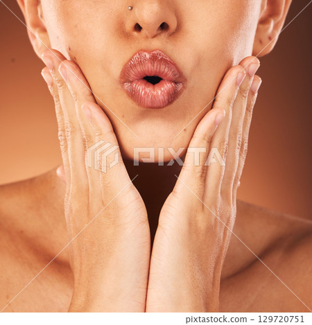 Skincare, lipstick and beauty woman with facial cosmetics, luxury natural makeup or self care. Dermatology, healthcare and aesthetic model lips with clean glowing skin, wellness or mouth cosmetic 129720751