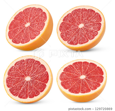 Grapefruit half set isolated. Clipping path grapefruit. Grapefruit halves collection cut out. 129720869