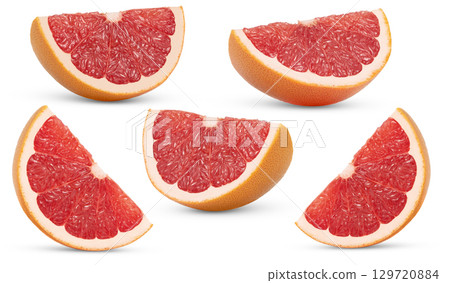 Standing ripe slice of pink grapefruit citrus fruit set isolated with clipping path. Grapefruit fruit slices cut out. 129720884