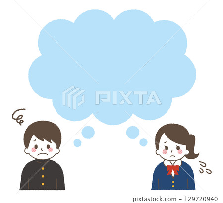 向量圖：一位焦慮的學生，臉上帶著一個對話框。國中生的消極表情。 129720940