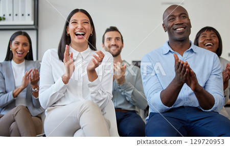 Conference, presentation and happy business people clapping for success, goals and achievement in office. Workshop, seminar and audience of workers sitting in row applause for corporate trade show 129720953