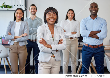 Black woman, leadership and portrait of business people with arms crossed in office. Teamwork, collaboration and happy group of employees working together for targets, goals or success in workplace. Black woman, leadership and portrait of business people with arms crossed in office. Teamwork, collaboration and happy group of employees working together for targets, goals or success in workplace. 129720962