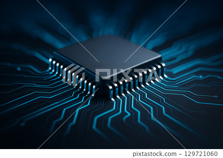 A glowing futuristic microchip with highlighted circuitry illuminated in neon blue atmosphere A glowing futuristic microchip with highlighted circuitry illuminated in neon blue atmosphere 129721060