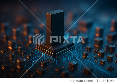 A futuristic cityscape made of circuit boards illuminated in dark neon blue lights resembling electronic architecture 129721062