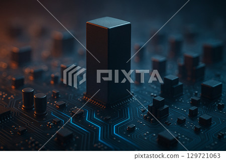 A futuristic cityscape made of circuit boards illuminated in dark neon blue lights resembling electronic architecture A futuristic cityscape made of circuit boards illuminated in dark neon blue lights resembling electronic architecture 129721063