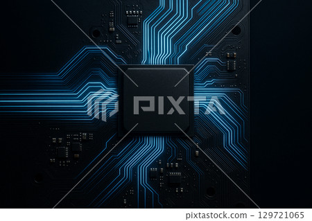 A futuristic glowing CPU design with luminous circuitry patterns in abstract close-up view A futuristic glowing CPU design with luminous circuitry patterns in abstract close-up view 129721065