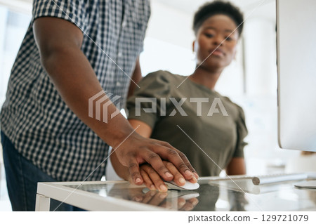 Sexual harassment, work and black woman suffering stress, anxiety and fear, problem and issue in office with boss. Receptionist, harassment and gender equality problem in workplace, crime and crisis 129721079