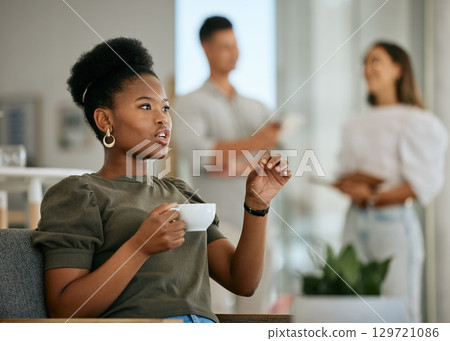 Black woman, morning coffee and business talking of a corporate employee in a office. Corporate analysis, innovation and strategy planning communication of a market research worker in a conversation Black woman, morning coffee and business talking of a corporate employee in a office. Corporate analysis, innovation and strategy planning communication of a market research worker in a conversation 129721086