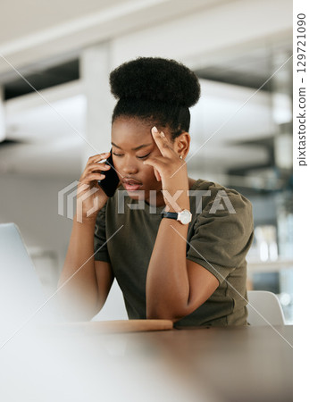 Headache, phone call and black woman with business, burnout experience and talking in office. Young female, girl and entrepreneur with smartphone, stress and with issue for startup company and chat. 129721090