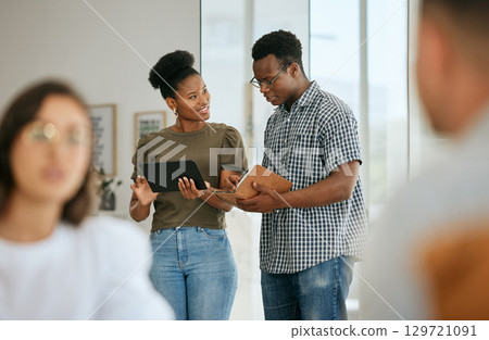 Talking black woman, businessman or tablet in strategy planning, marketing schedule management or brand growth review. Smile, happy or creative designer people in teamwork collaboration on technology 129721091