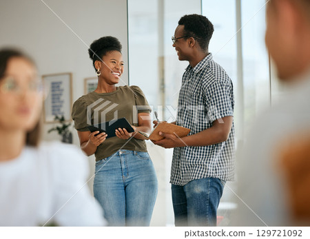 Team, tablet and collaboration meeting in office for interracial teamwork, business tech and planning strategy. Diversity, happiness and employees working on ipad, writing in notebook and talking Team, tablet and collaboration meeting in office for interracial teamwork, business tech and planning strategy. Diversity, happiness and employees working on ipad, writing in notebook and talking 129721092