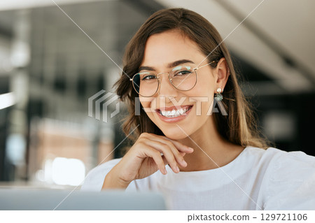 Creative, woman and portrait smile with glasses for vision, career ambition or success at the office. Happy female employee designer face smiling with teeth in happiness or satisfaction at workplace Creative, woman and portrait smile with glasses for vision, career ambition or success at the office. Happy female employee designer face smiling with teeth in happiness or satisfaction at workplace 129721106