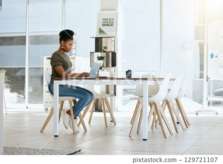 business black woman, laptop and modern office for startup, website review and email marketing strategy, planning or productivity. Technology, copywriting and creative african worker email networking 129721107