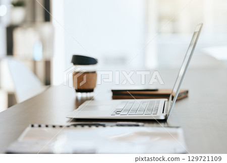 Empty table with files, coffee and laptop with notebook, folder and financial portfolio of economy, stock market or trading research. Digital tech for online study of cryptocurrency investment growth Empty table with files, coffee and laptop with notebook, folder and financial portfolio of economy, stock market or trading research. Digital tech for online study of cryptocurrency investment growth 129721109