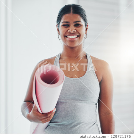 Yoga, fitness portrait and black woman wellness, health and exercise goals, mission and morning inspiration. Pilates gear, sports and happy Indian person for holistic workout, training or mediation 129721176
