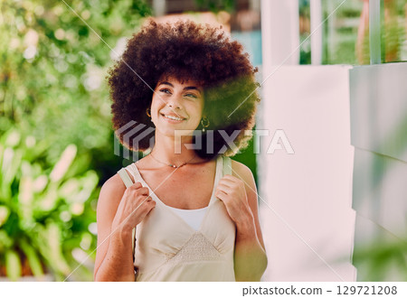 Black woman, travel and happy while walking in a city, smile and relax, having fun and thinking outdoors. Student, girl and backpack for traveling in Mexico, explore, sightseeing and solo adventure 129721208