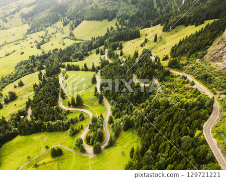 This aerial view showcases the serpentine roads weaving through lush green meadows in the Alps. A serene journey unfolds as asphalt curves navigate the picturesque landscape. 129721221
